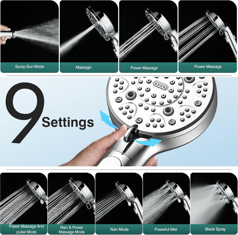 SeaCity RV Shower Head with Hose ，High Pressure 9 Mode Shower head with on off switch, Filtered shower head, Shower Head for RV/Campers, Travel Trailer, Motorhome for Water Saving（Chrome） - Image 3